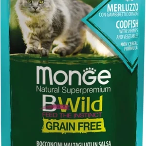 Monge Bwild Cat pouch Grain Free тріска з креветками та овочами, 85 г