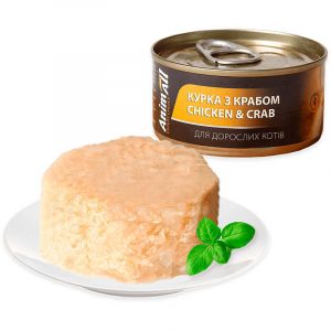 Вологий корм AnimAll з куркою та крабом для дорослих котів, 85 г
