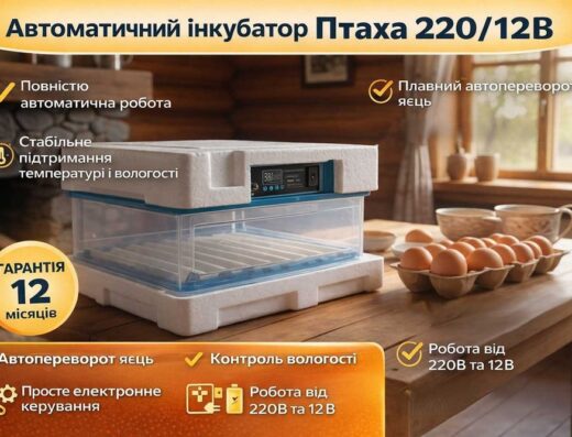 Автоматичний інкубатор Птаха 12-220В з овоскопом